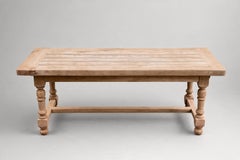 French Country Farmhouse Dining Table, Bleached Elm, Turned Legs, 1950s