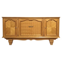 French Provincial Cherry Sideboard, Parquetry Panels, Carved Detail, 1950s