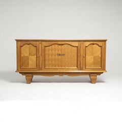 French Provincial Cherry Sideboard, Parquetry Panels, Carved Detail, 1950s