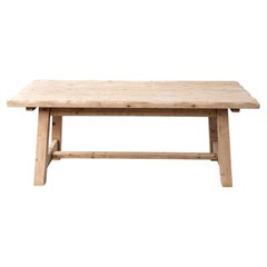 French Primitive Bleached Pine Farmhouse Dining Table, Trestle Base, 1950s