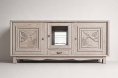 French Art Deco Sideboard, Carved Oak, Flying Birds Motif, 1940s