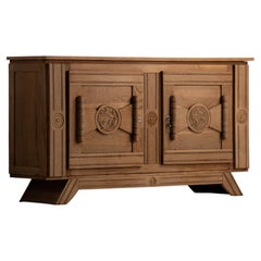 Brutalist Carved Oak Two-Door Sideboard with Geometric Medallion Panels