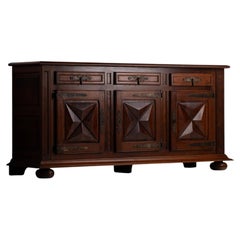 1930s French Provincial Hand-Carved Oak Three-Door Sideboard