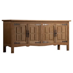 Spanish Oak Sideboard with Raised Square Panels and Iron Straps, 1950s