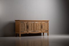 Spanish Oak Sideboard with Raised Square Panels and Iron Straps, 1950s