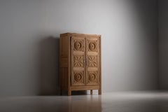 French Stripped Oak Armoire with Carved Rosettes, 1950s