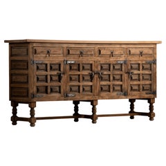 Spanish Elm Sideboard with Coffered Panels and Forged Iron, 1950s