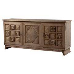 1950s Hand-Carved Breton Sideboard in Solid Oak, Art Deco Style