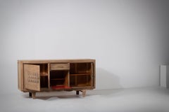 1940s French Oak Credenza in Campaign Style with Drinks Cabinet