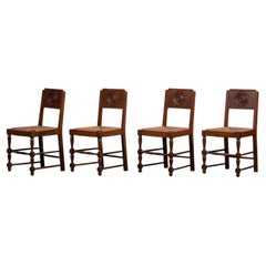 Set of Four Art Deco Carved Oak Dining Chairs with Rush Seats, 1940s