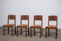 Set of Four Art Deco Carved Oak Dining Chairs with Rush Seats, 1940s