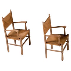 Pair of Carved Oak and Rush Armchairs, France, 1950s