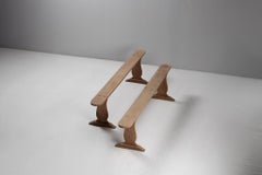 Pair of Carved Oak Benches with Shoe-Foot Bases, France, 1940s