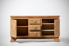 Art Deco Oak Sideboard with Carved Rosette Doors, France, 1940s