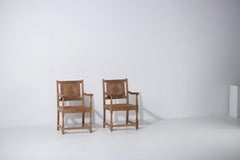 Pair of Oak Armchairs with Caned Seats and Carved Rosettes, France, 1940s