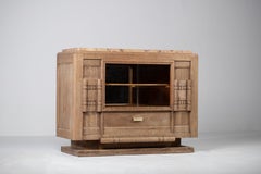 Oak Sideboard with Carved Doors, Open Niche and Marble Top, France, 1940s