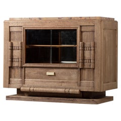 Oak Sideboard with Carved Doors, Open Niche and Marble Top, France, 1940s