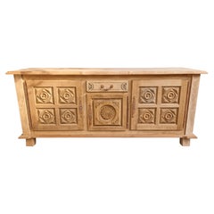 Spanish Brutalist Bleached Oak Sideboard, Carved Geometric Panels, 1960s