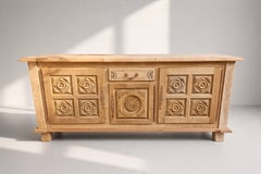 Spanish Brutalist Bleached Oak Sideboard, Carved Geometric Panels, 1960s