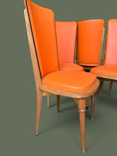Set of Six French Dining Chairs, Oak and Orange Vinyl, 1960s