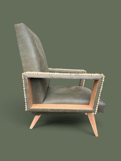 French Reclining Club Chairs, Leather and Rope, Open Arms, 1950s