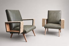 French Reclining Club Chairs, Leather and Rope, Open Arms, 1950s