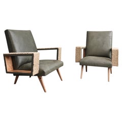French Reclining Club Chairs, Leather and Rope, Open Arms, 1950s