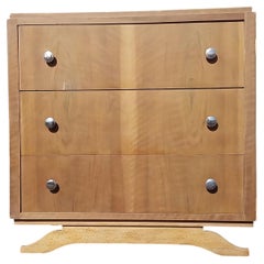 French Art Deco Three-Drawer Commode, Bleached Walnut, Chrome Pulls, 1940s