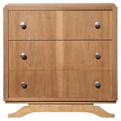 French Art Deco Three-Drawer Commode, Bleached Walnut, Chrome Pulls, 1940s