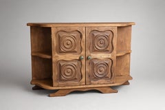 French Brutalist Two-Door Cabinet, Carved Solid Oak, 1960s