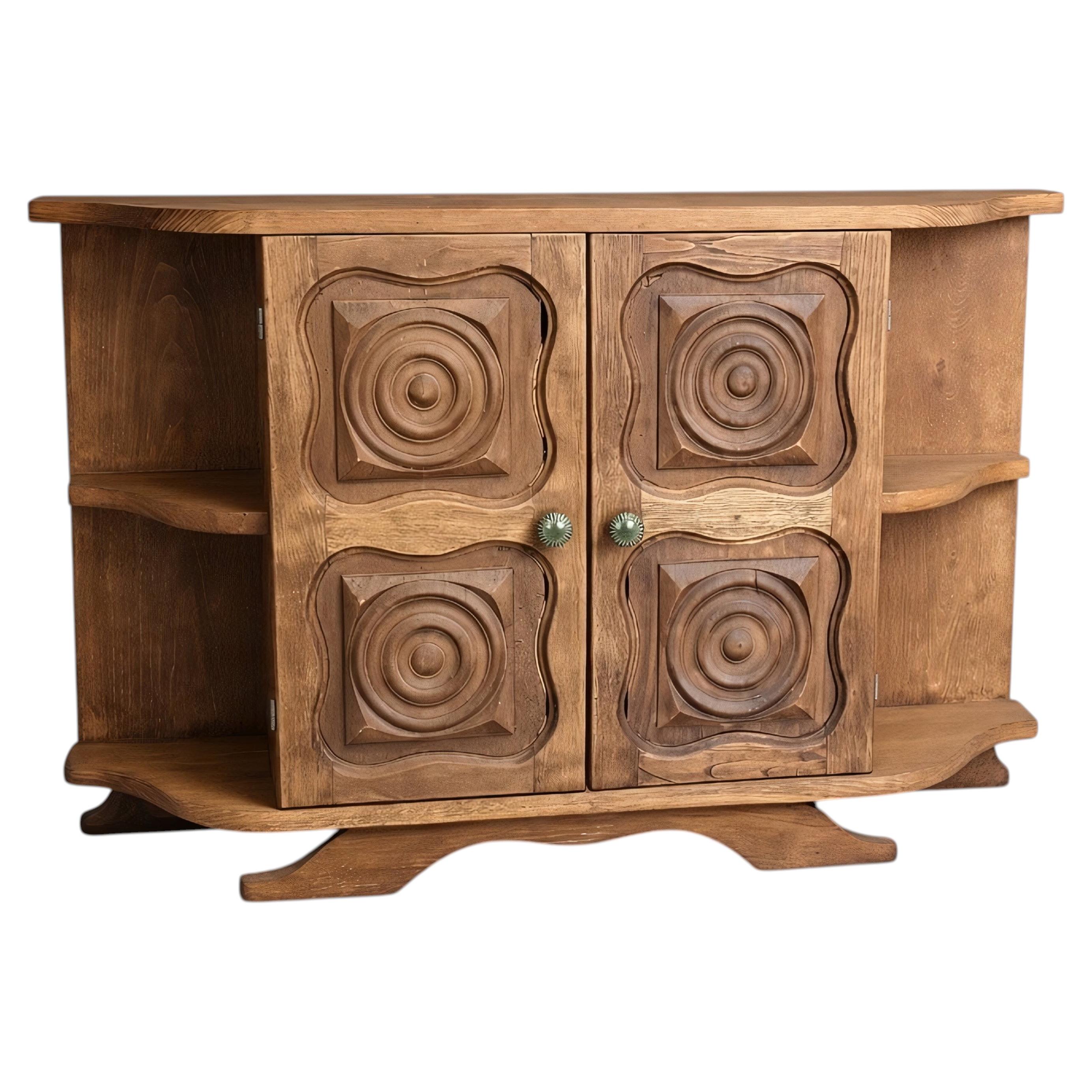 French Brutalist Two-Door Cabinet, Carved Solid Oak, 1960s