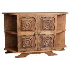 French Brutalist Two-Door Cabinet, Carved Solid Oak, 1960s