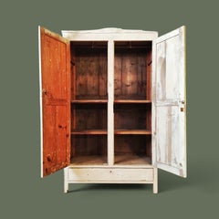 French Provincial Two-Door Pine Armoire, Patinated White Finish, 1940s