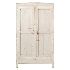 French Provincial Two-Door Pine Armoire, Patinated White Finish, 1940s