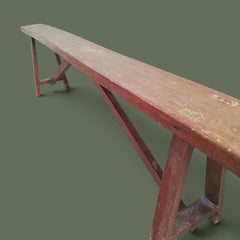 French Farmhouse Bench, Red Painted Pine, Trestle Base, 1940s