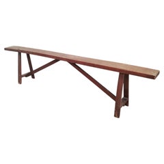 French Farmhouse Bench, Red Painted Pine, Trestle Base, 1940s