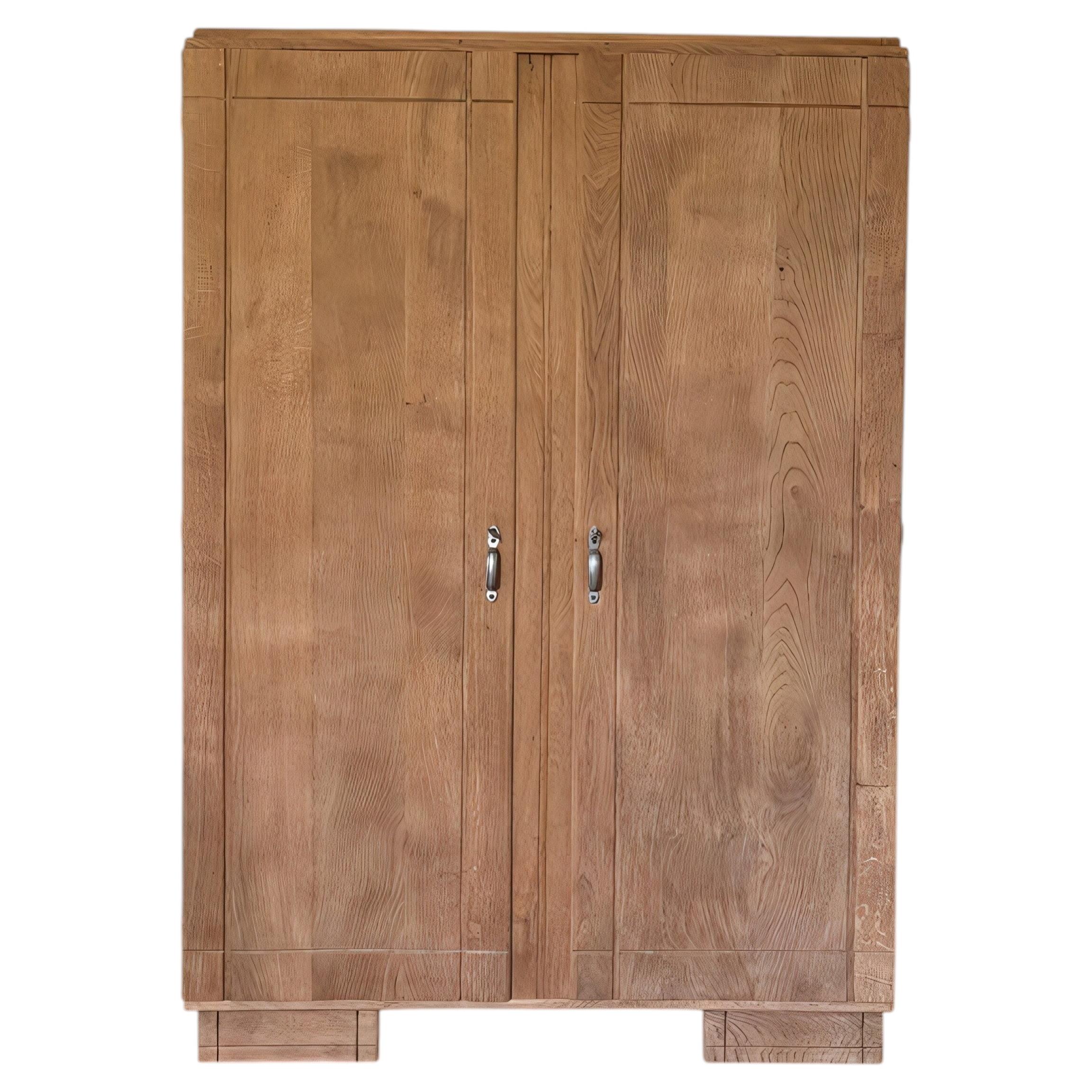 French Art Deco Two-Door Armoire, Solid Oak, Fully Demountable, 1940s