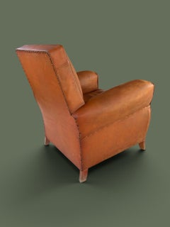 French Art Deco Club Chair, Cognac Leather, Moustache Back, 1940s