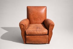 French Art Deco Club Chair, Cognac Leather, Moustache Back, 1940s
