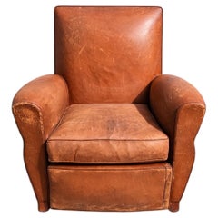 French Art Deco Club Chair, Cognac Leather, Moustache Back, 1940s