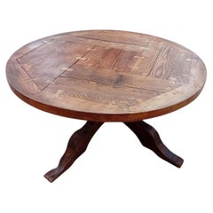 French Brutalist Round Dining Table, Oak with Butterfly Joints, 1960s
