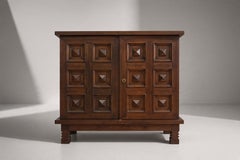 Spanish Brutalist Two-Door Cabinet, Carved Hardwood, Pyramid Panels, 1960s