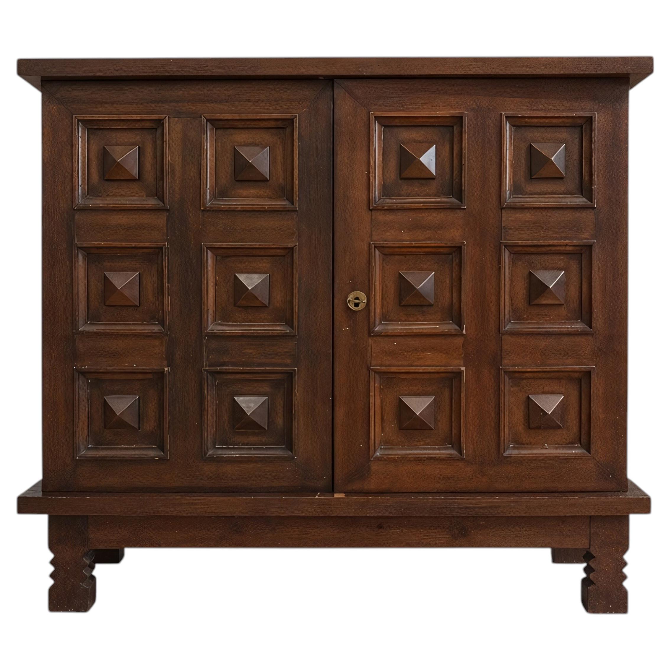 Spanish Brutalist Two-Door Cabinet, Carved Hardwood, Pyramid Panels, 1960s