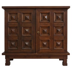 Spanish Brutalist Two-Door Cabinet, Carved Hardwood, Pyramid Panels, 1960s
