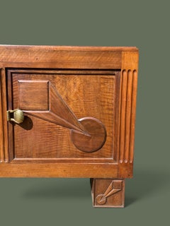 French Art Deco Two-Door Buffet, Carved Walnut, Bronze Handles, 1930s