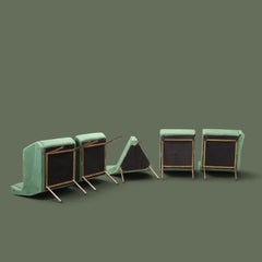 Italian Curved Sectional Sofa, Green Fabric and Brass, 1950s