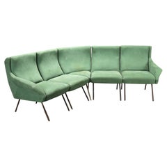 Italian Curved Sectional Sofa, Green Fabric and Brass, 1950s