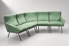 Italian Curved Sectional Sofa, Green Fabric and Brass, 1950s