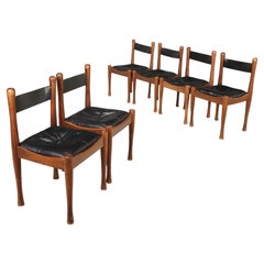 Silvio Coppola Style Set of Five Walnut and Leather Dining Chairs, Italy, 1960s