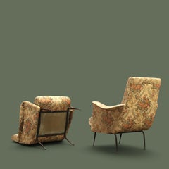 Italian Mid-Century Lounge Chairs, Floral Upholstery, Brass Feet, 1950s